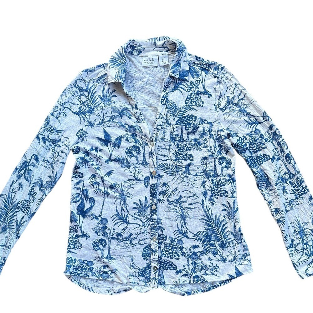 Nicole Miller Shirt Women Medium Blue White Tropical Toile Linen Blend Excellent
